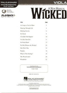 Wicked - 13 Songs from the Musical - for Viola with Audio Accompaniment - Hal Leonard Instrumental Play-Along