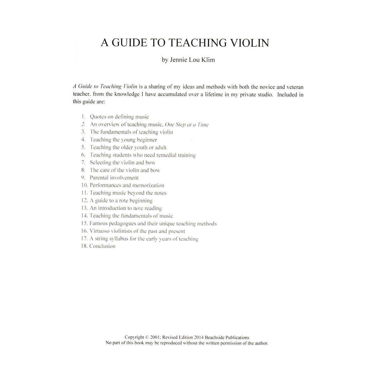 Jennie Lou Klim - A Guide to Teaching Violin - Beachside Publications