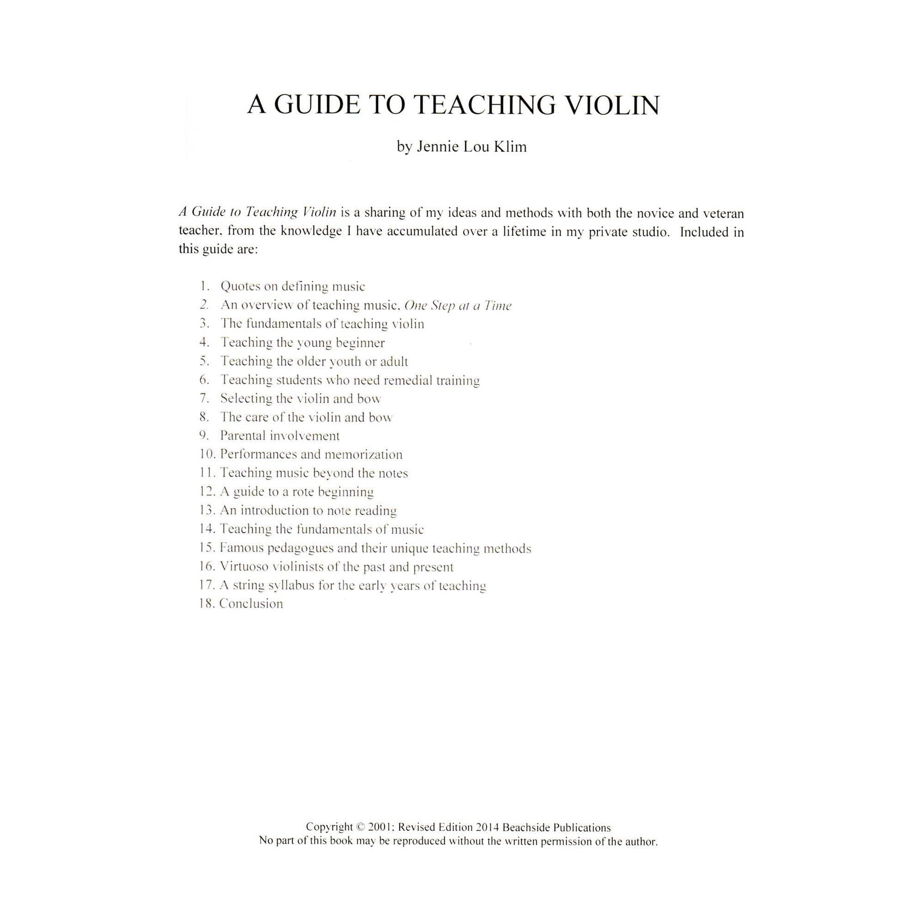 Jennie Lou Klim - A Guide to Teaching Violin - Beachside Publications