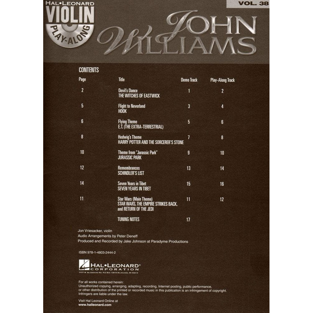 Violin Play-Along, Vol 38: John Williams - Book/CD - Hal Leonard