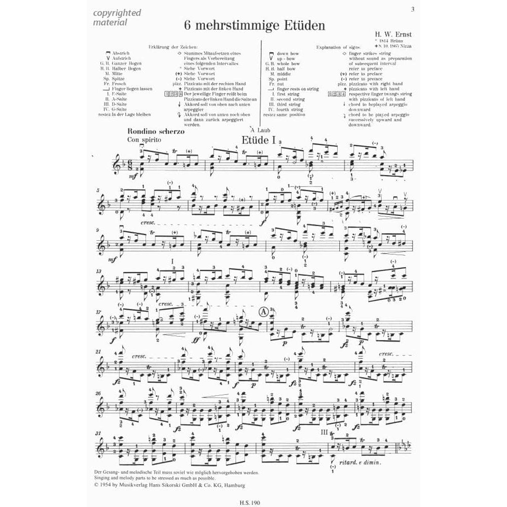 Ernst, Heinrich Wilhelm - Six Polyphonic Studies - Violin solo - edited by Franz Schmidtner - published by Sikorski Musikverlage