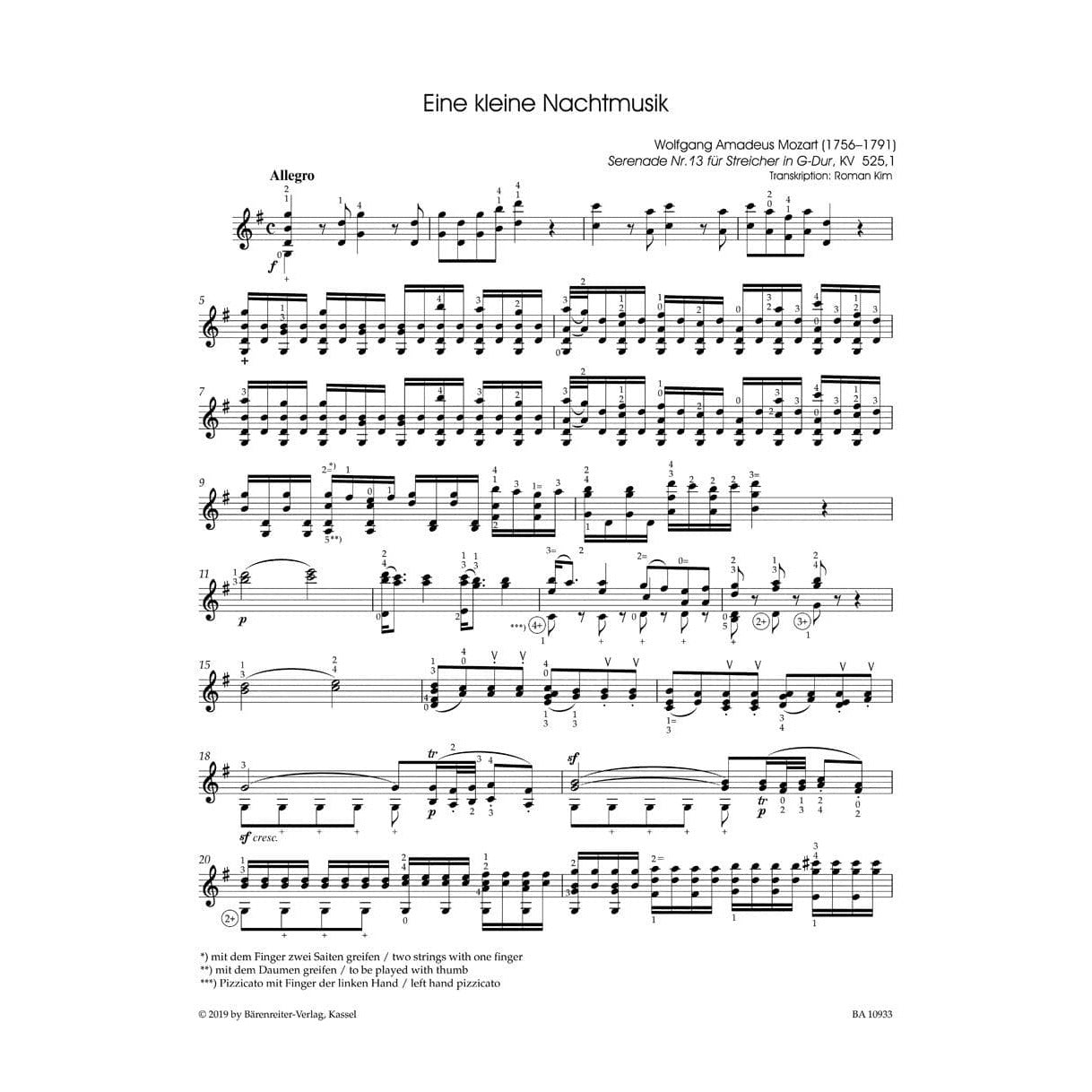 Mozart, WA – Eine Kleine Nachmusik, Allegro from Serenade No. 13 K252 – Violin Solo - Arranged by Roman Kim - Bärenreiter
