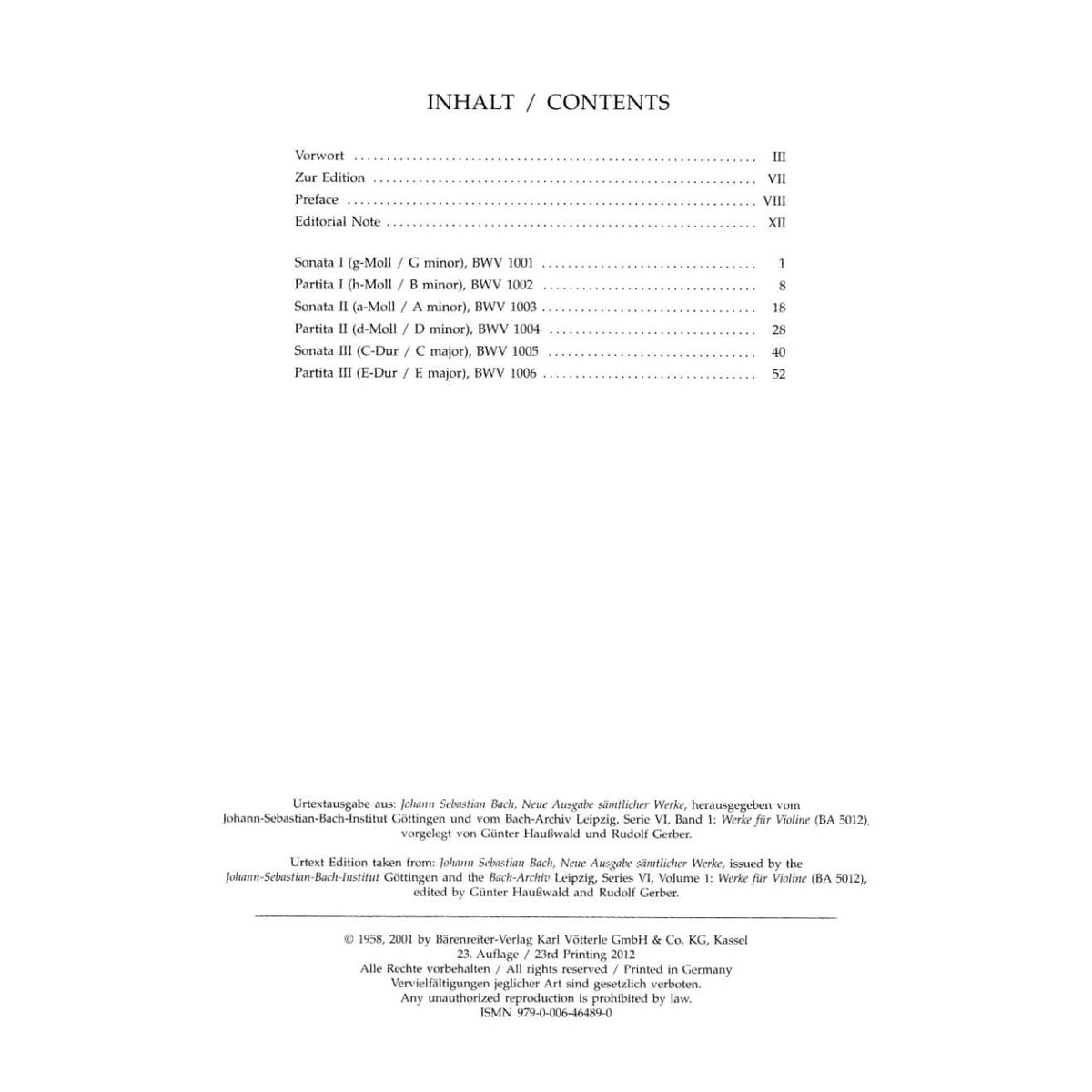 Bach, JS - 6 Sonatas and Partitas, BWV 1001-1006 - Solo Violin - edited by Peter Wollny - Bärenreiter Verlag URTEXT