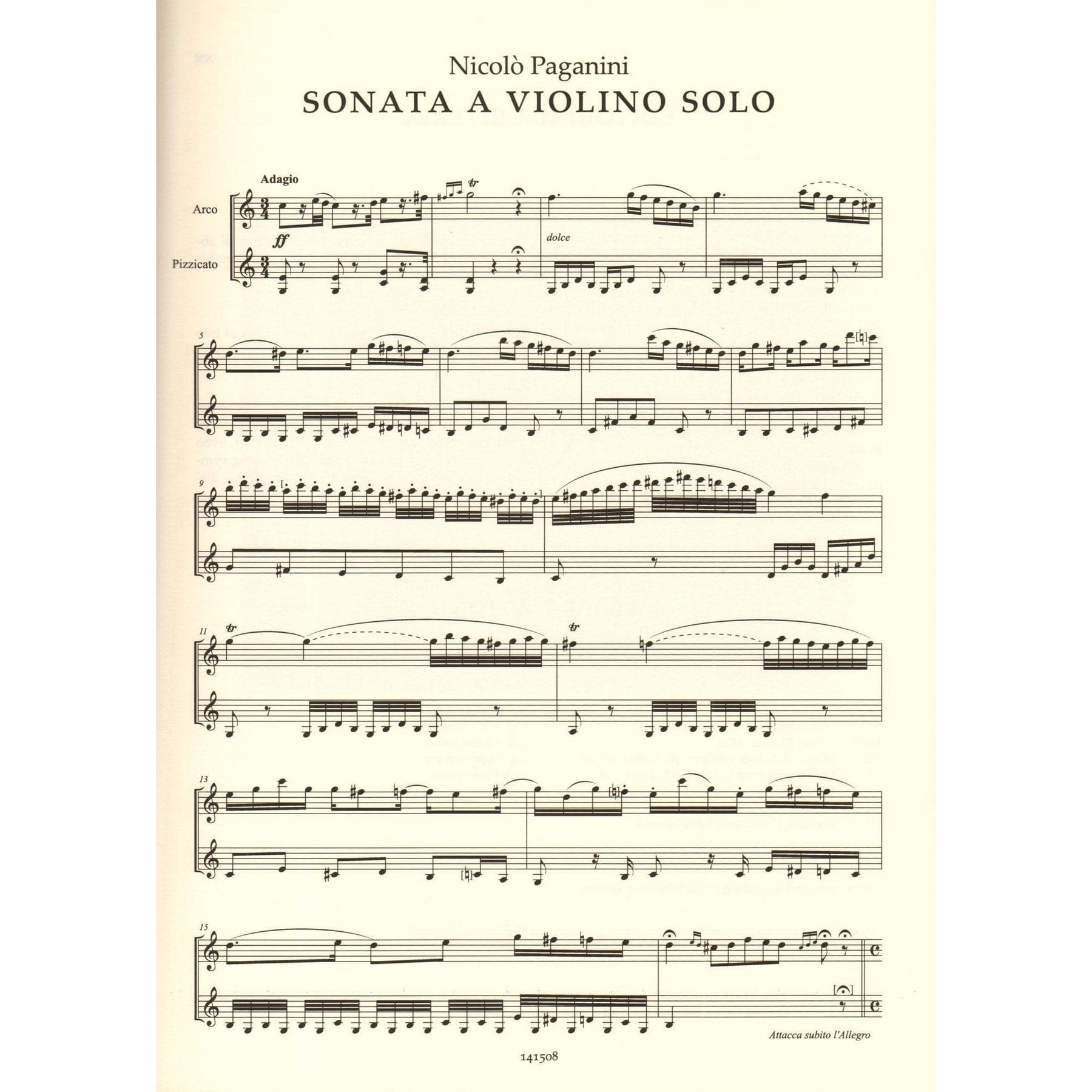Paganini, Nicolo - Sonata for Solo Violin (Merveille de Paganini, M.S. 6) - Critical Edition by Italo Vescovo - Ricordi
