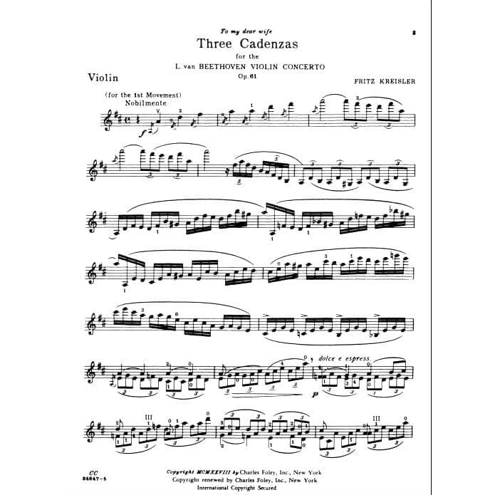 Beethoven - Cadenzas for Beethoven's Violin Concerto, Opus 61 - Violin - arranged by Fritz Kreisler - Carl Fischer