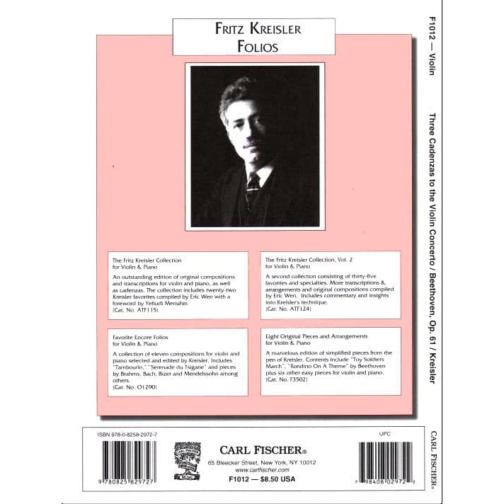 Beethoven - Cadenzas for Beethoven's Violin Concerto, Opus 61 - Violin - arranged by Fritz Kreisler - Carl Fischer