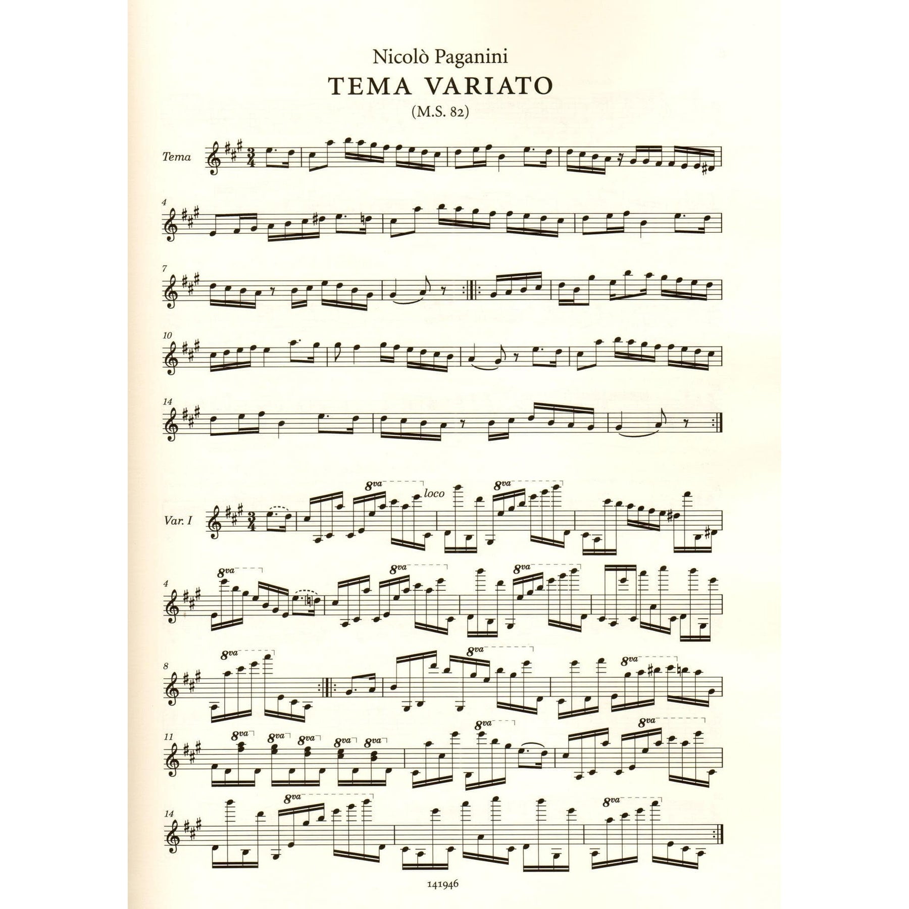 Paganini, Niccolo - Tema Variato, M.S. 82 - for Solo Violin - Ricordi Edition