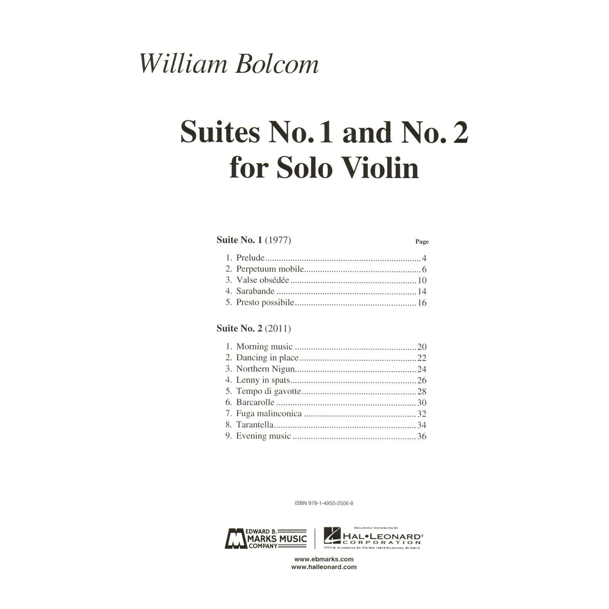 Bolcom, William - Suites No. 1 and No. 2 - for Solo Violin - Edward B. Marks Music Company