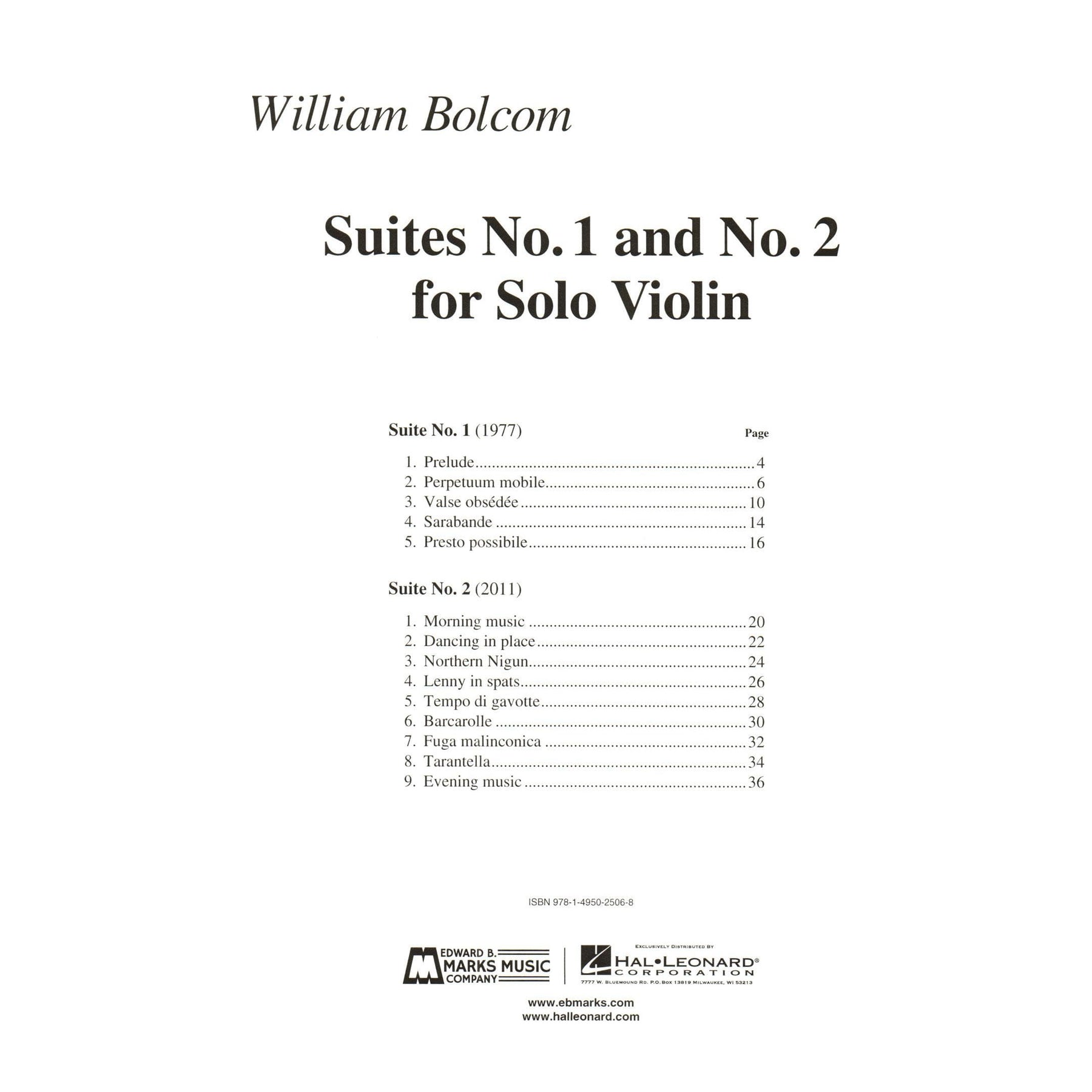 Bolcom, William - Suites No. 1 and No. 2 - for Solo Violin - Edward B. Marks Music Company