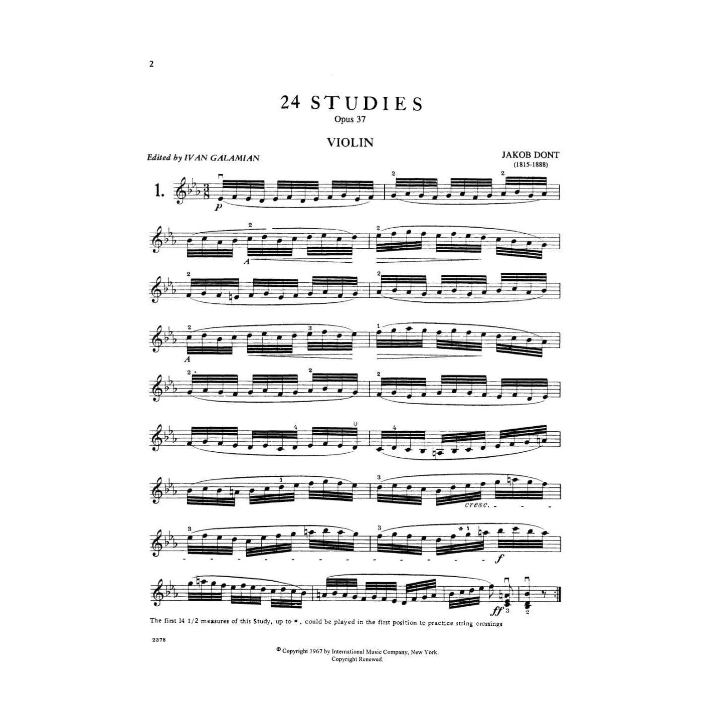 Dont, Jakob - 24 Studies, Op 37: Preparatory to Kreutzer and Rode Studies - Violin solo - edited by Ivan Galamian - International Edition