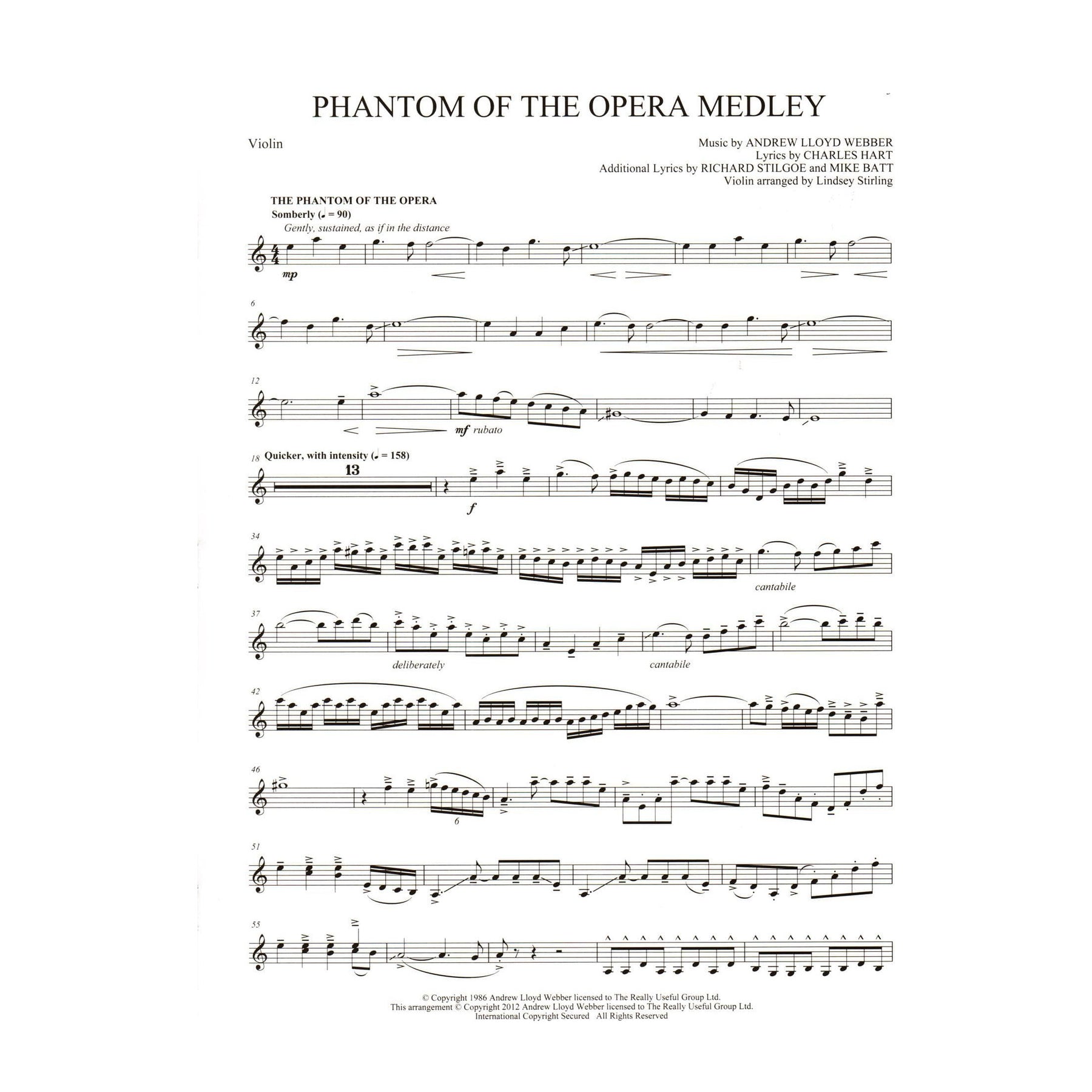 Phantom Of The Opera - Medley for Violin with Audio Accompaniment - arranged by Lindsey Stirling - Hal Leonard