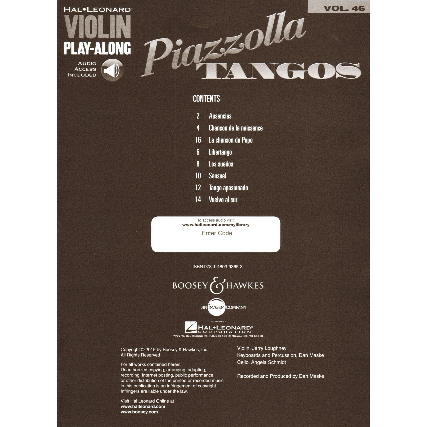 Piazzolla Tangos - Violin Play-Along Vol. 46 - 8 Favorites - for Violin and Audio Accompaniment - Hal Leonard