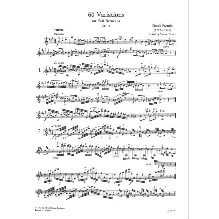 Paganini, Nicolo -  60 Variations on "Barucaba" for Violin, op 14 (Complete) - Solo Violin - edited by D Sandor - Edito Musica Budapest