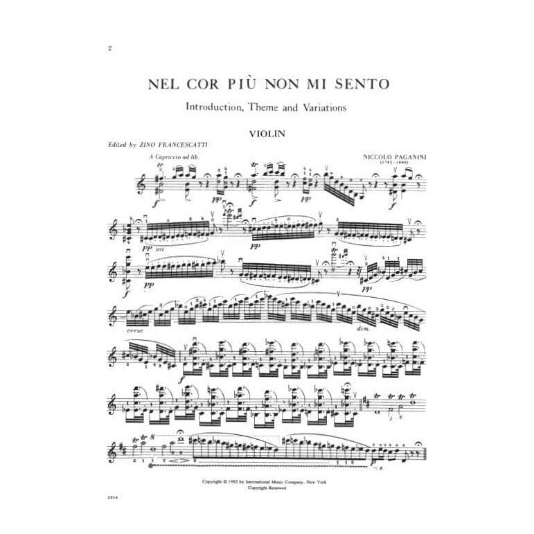 Paganini, Niccolo - Introduction and Variations on "Nel Cor Piu Non Mi Sento," Op 38 - Solo Violin - edited by Zino Francescatti - International Music Company