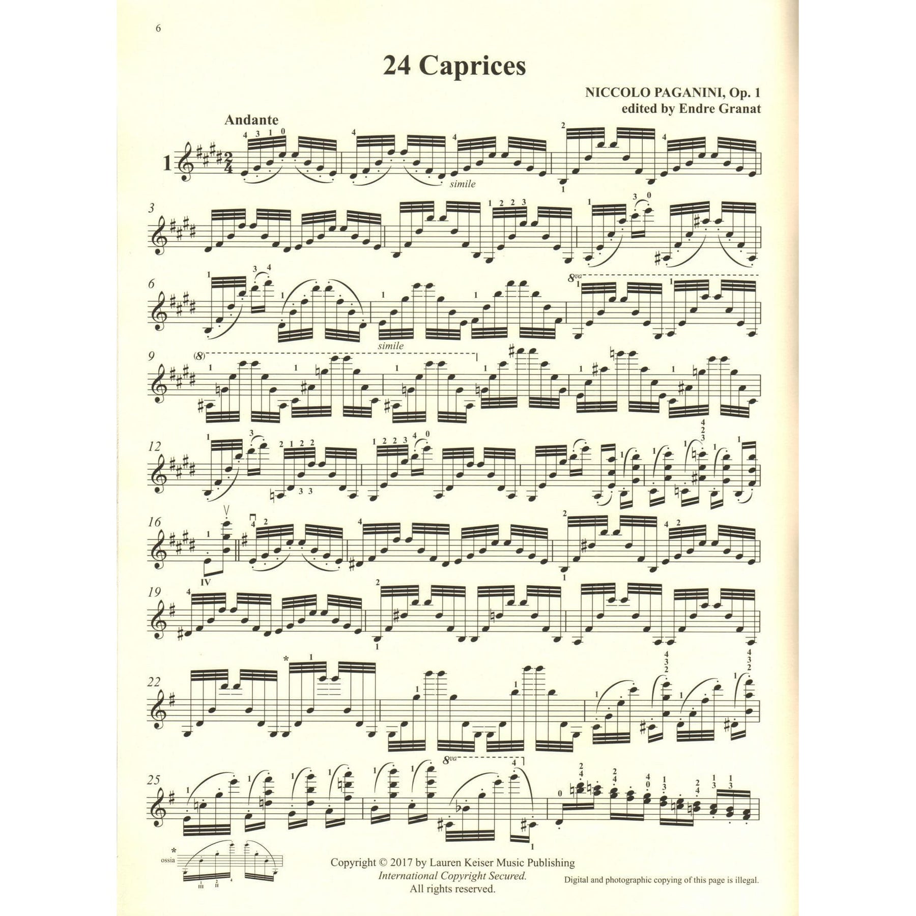 Paganini, Nicolo - 24 Caprices, Op. 1 - URTEXT Edition by Endre Granat - Keiser Publications - Heifetz Collection