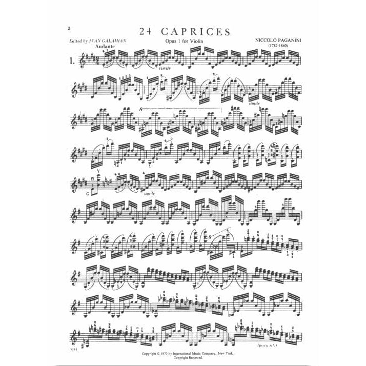 Paganini, Niccolo - 24 Caprices for Violin, Op 1 - Solo Violin - edited by Galamian - International Music Company