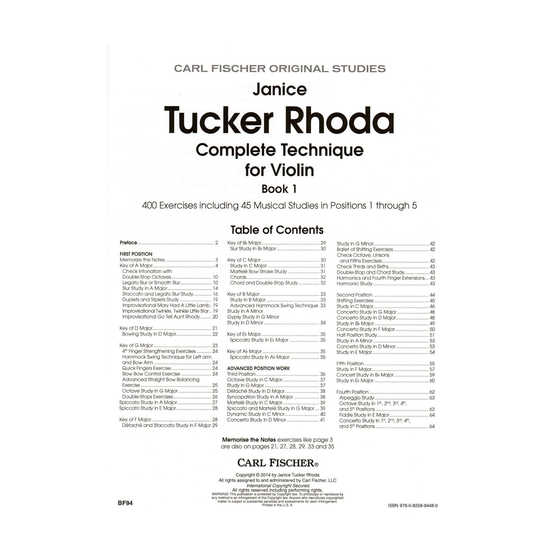 Janice Tucker Rhoda - Complete Technique for Violin - Book One - for Violin - published by Carl Fischer