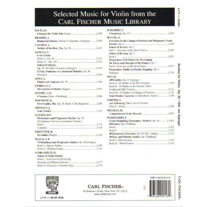 Sitt, Hans - 100 Etudes Op 32, Book 2 - Violin - edited by Gustav Saenger - published by Carl Fischer