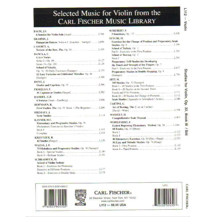 Sitt, Hans - 20 Etudes Op 32, Book 3 - Violin - published by Carl Fischer
