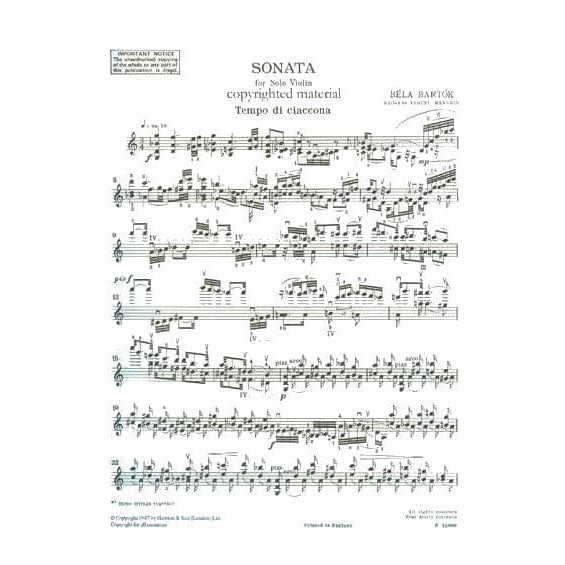 Bela Bartok - Sonata for Solo Violin, Sz 117 - Violin - edited by Yehudi Menuhin - Boosey and Hawkes