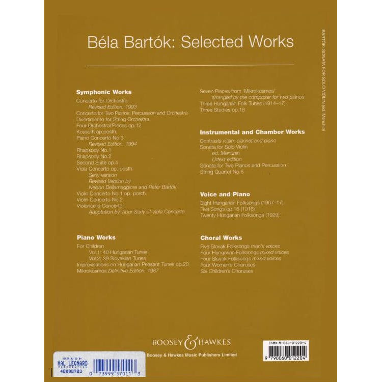 Bela Bartok - Sonata for Solo Violin, Sz 117 - Violin - edited by Yehudi Menuhin - Boosey and Hawkes