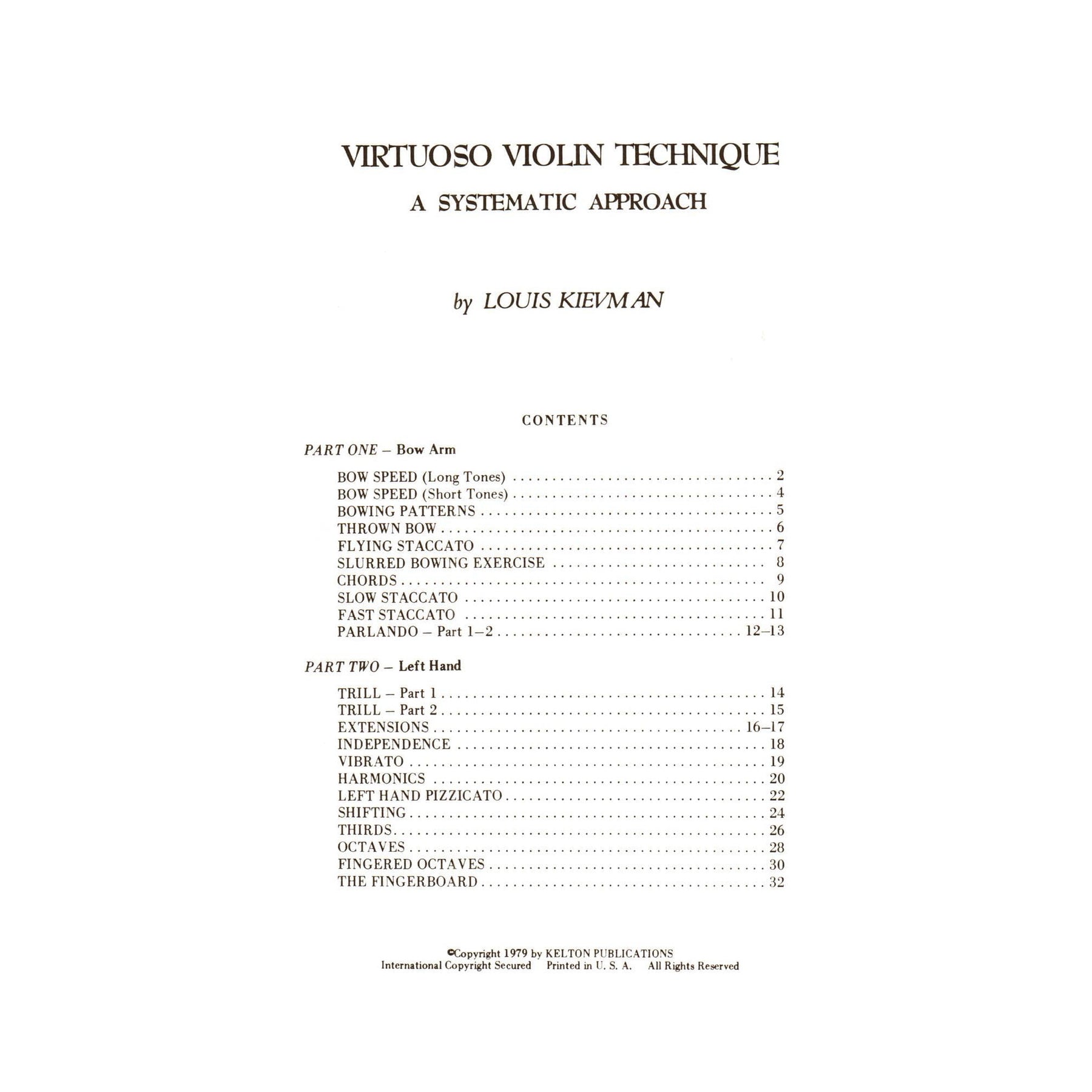 Virtuoso Violin Technique, A Systematic Approach - for Violin - by Louis Kievman - Kelton Publications