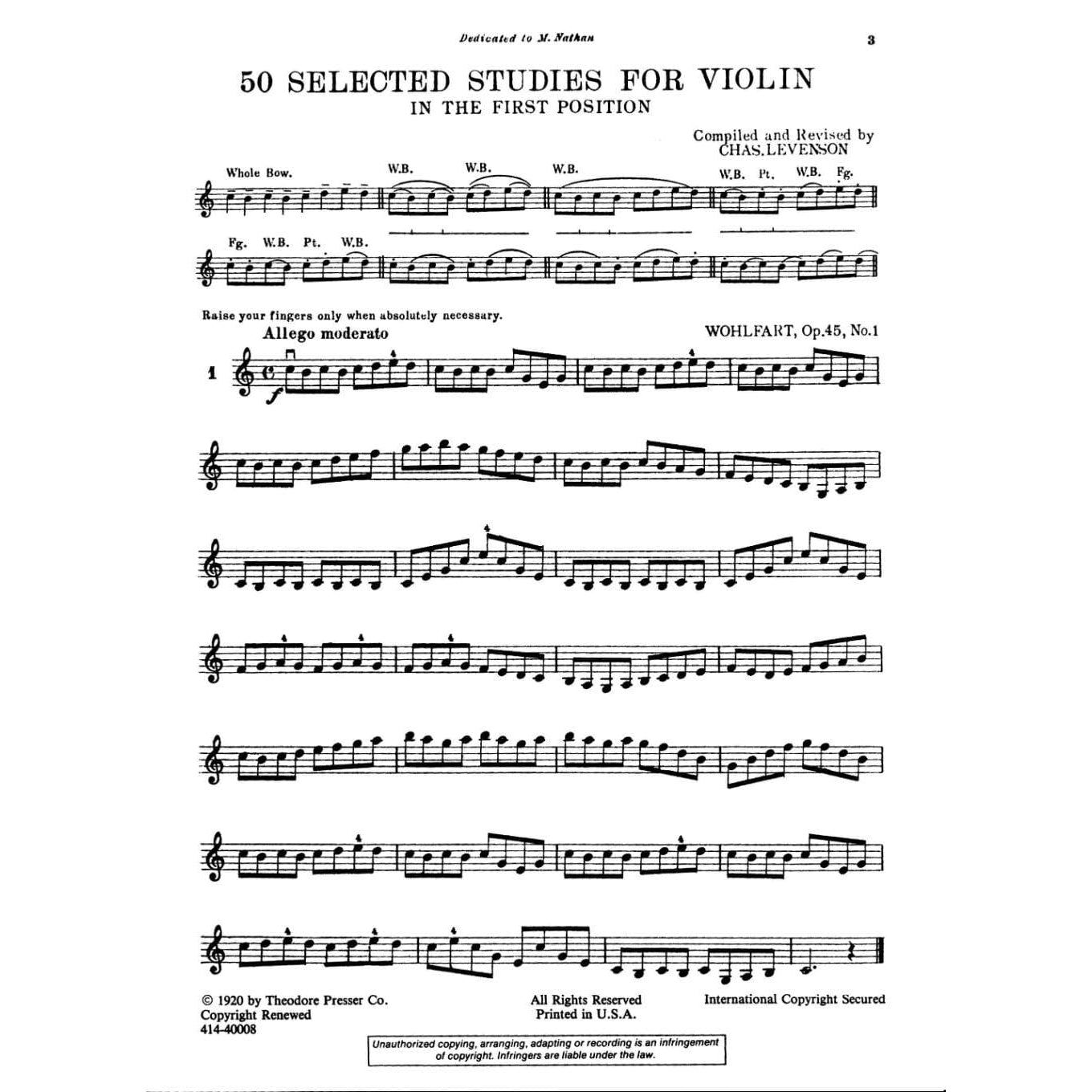 50 Selected Studies in the First Position - Violin solo - edited by Chas Levenson - Theodore Presser Co