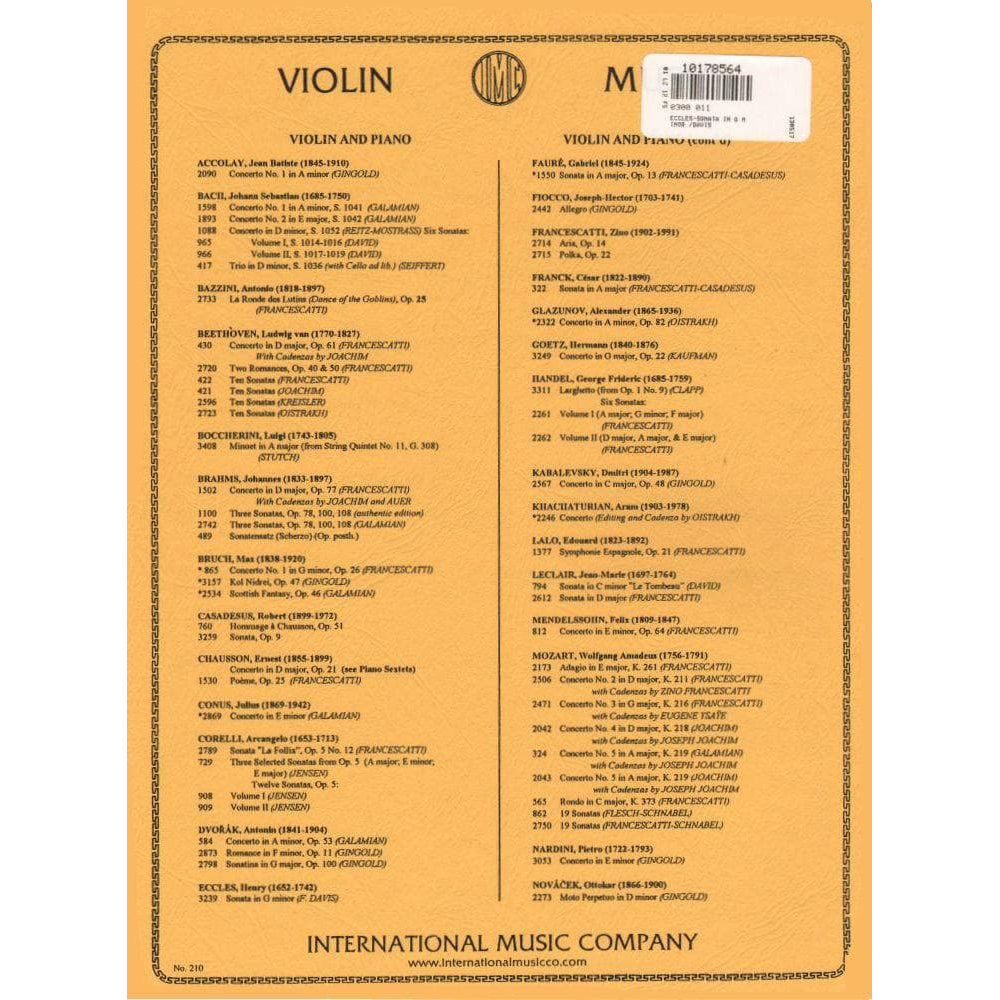 Eccles - Sonata in g minor - Violin and Piano - edited by Frieda R Davis - International Music Company