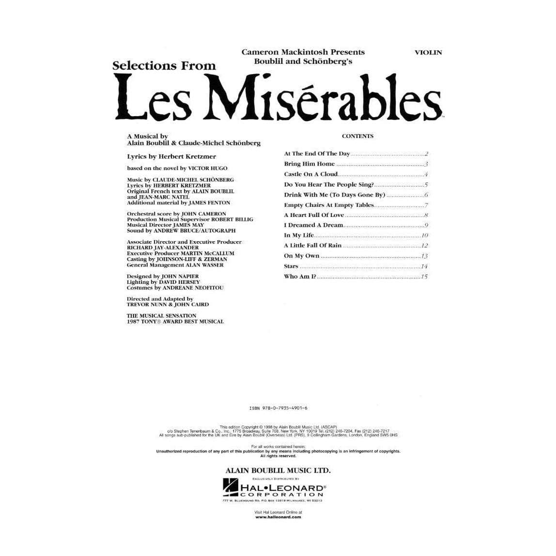 Boublil/Schönberg - Selections from "Les Misérables" - Violin - arranged by Cameron Mackintosh - Hal Leonard Edition