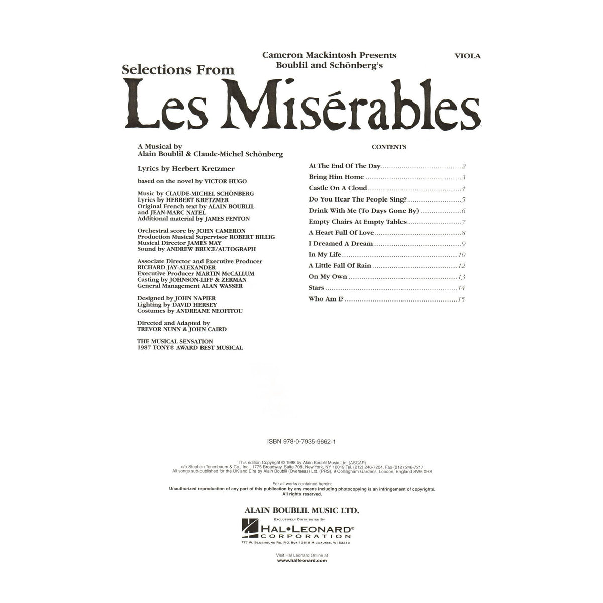 Boublil/Schönberg - Selections from "Les Misérables" - Viola - arranged by Cameron Mackintosh - Hal Leonard Edition