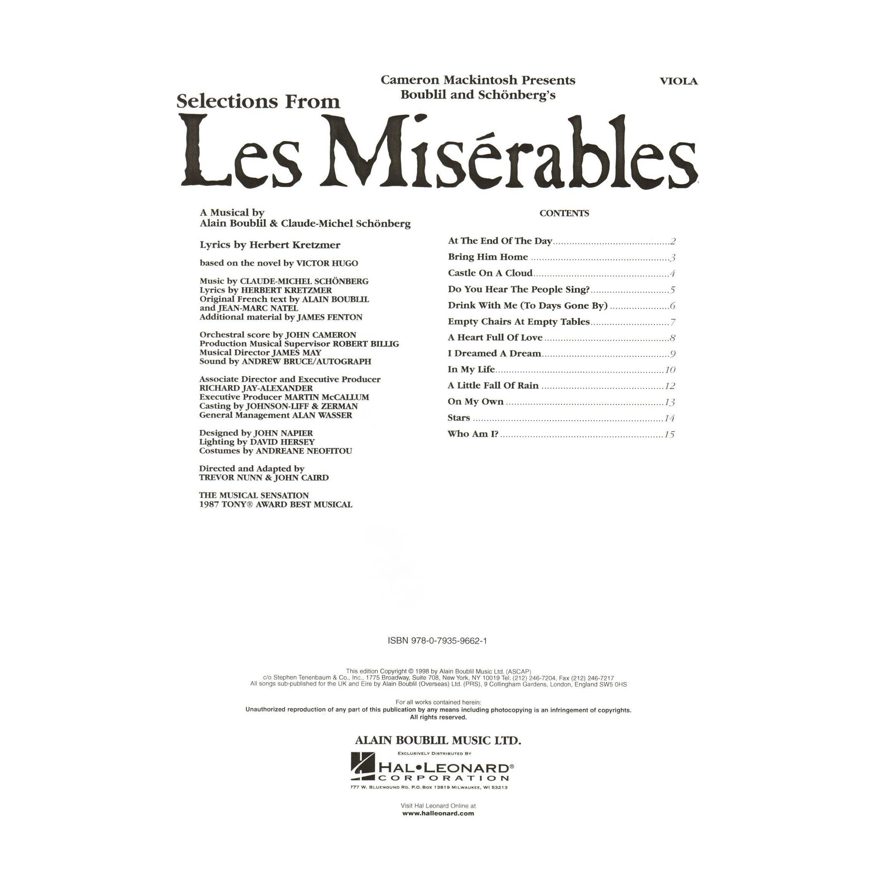 Boublil/Schönberg - Selections from "Les Misérables" - Viola - arranged by Cameron Mackintosh - Hal Leonard Edition