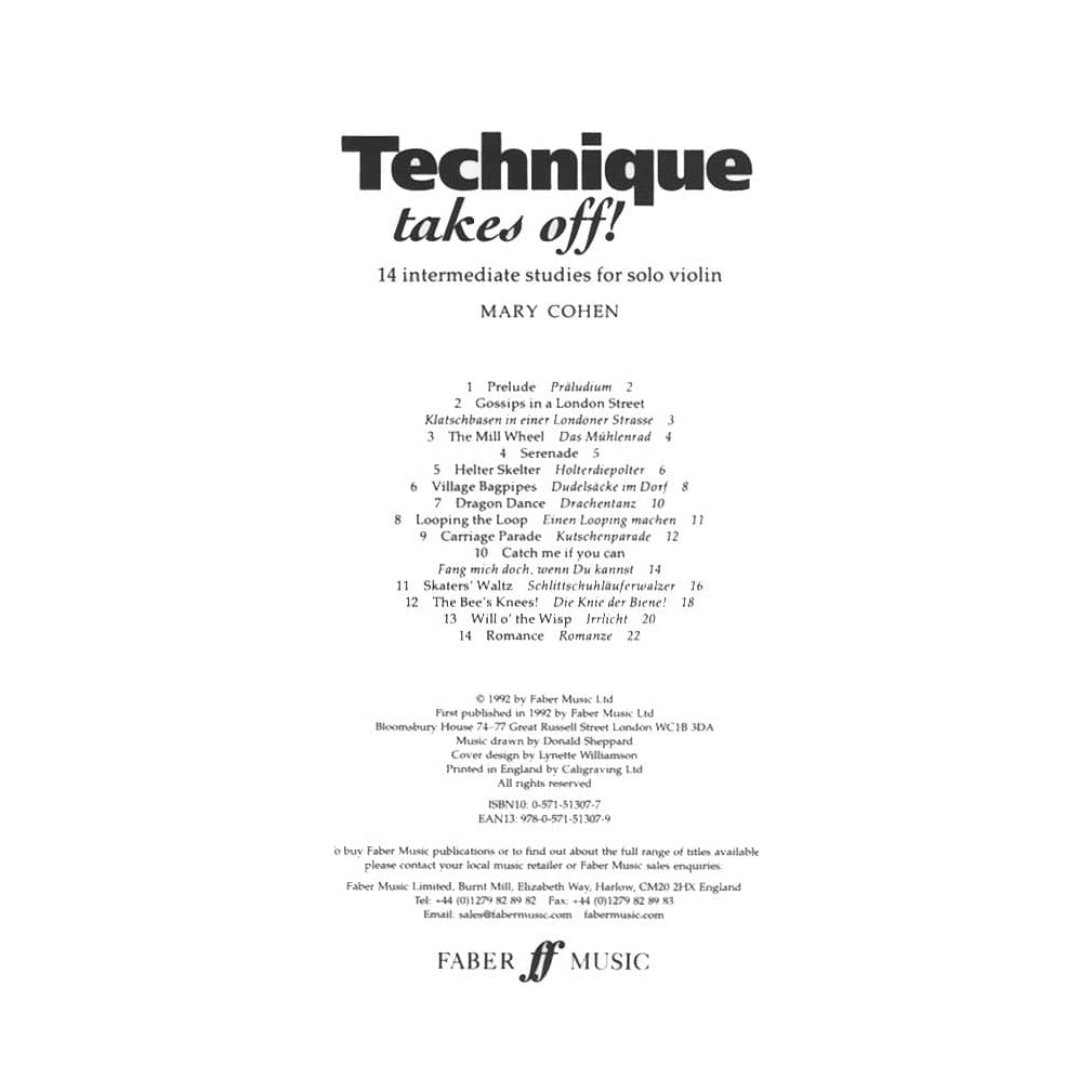 Cohen, Mary - Technique Takes Off! Intermediate Studies for Solo Violin - Faber Music Publication