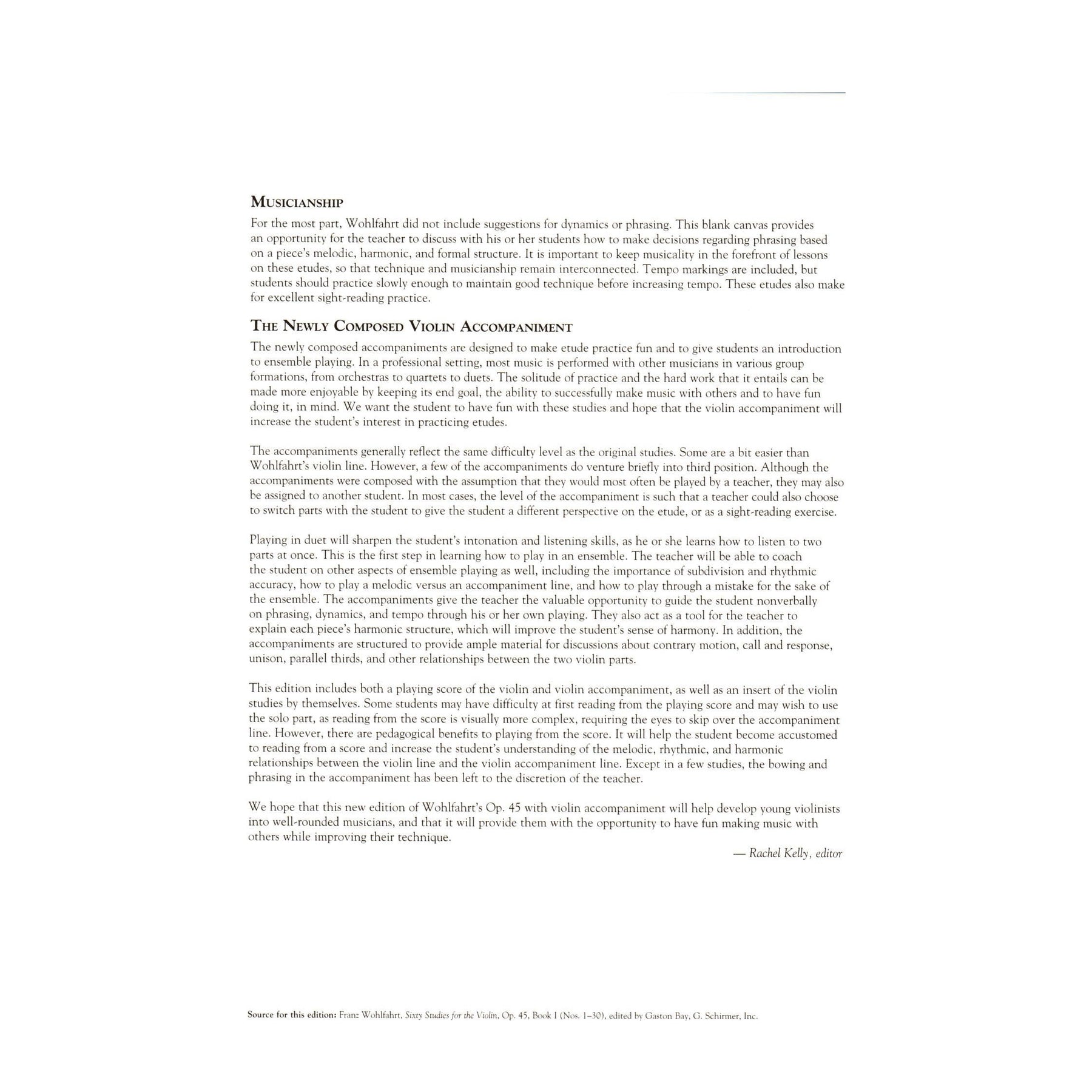 Wohlfahrt, Franz - Op. 45, Book 1, Studies 1-30 of 60 - for Violin - with Violin Accompaniments by Rachel Kelly - Schirmer
