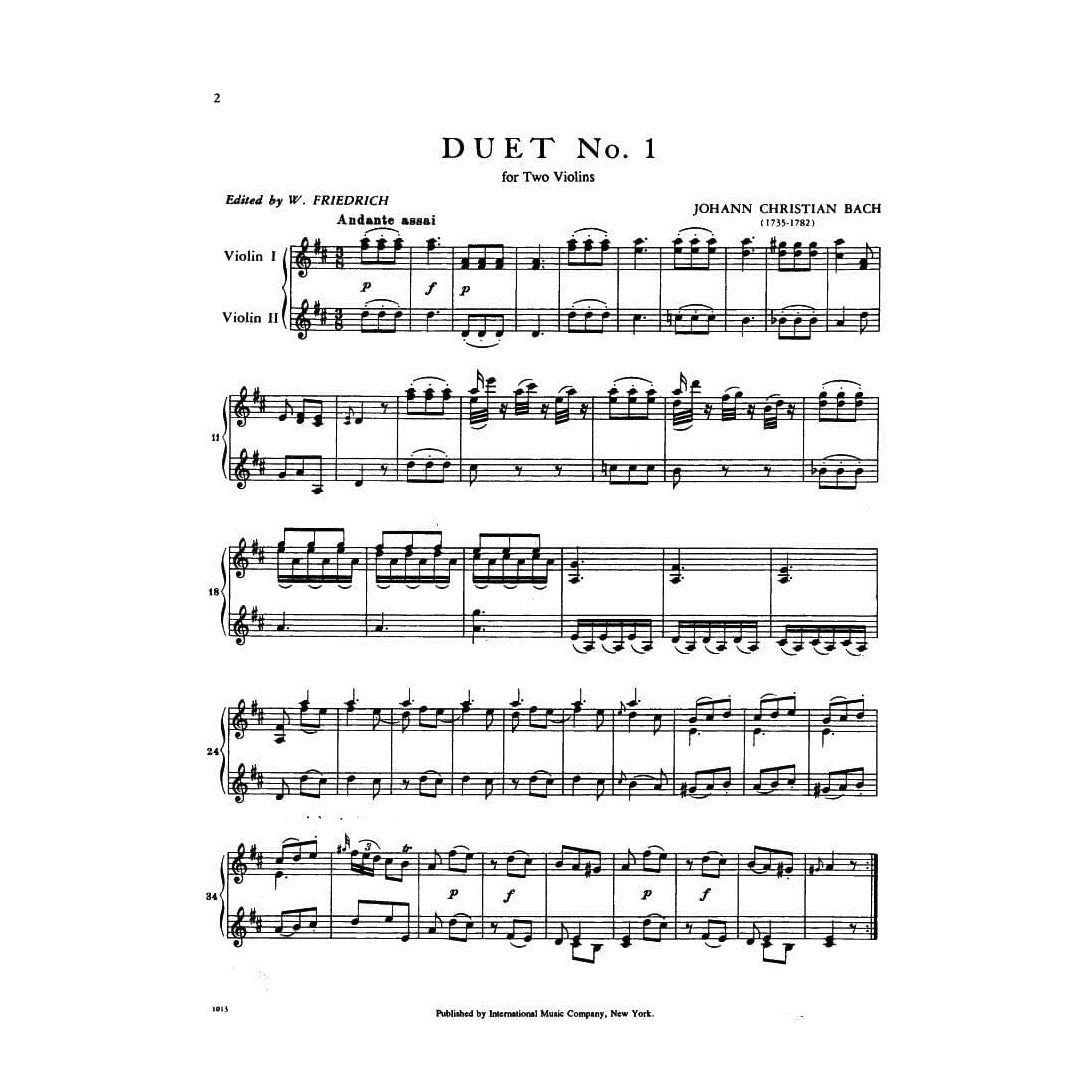 Bach, Johann Christian - Six Duets, Volume 1 - Two Violins - edited by W Friedrich - International Music Co