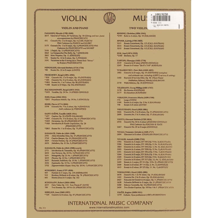 Bach, Johann Christian - Six Duets, Volume 1 - Two Violins - edited by W Friedrich - International Music Co