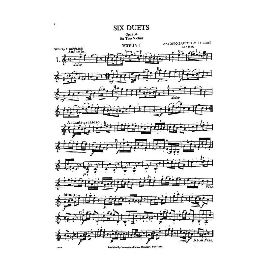 Bruni, A - 6 Easy Duets Op 34 for Two Violins - Arranged by Hermann - International Edition