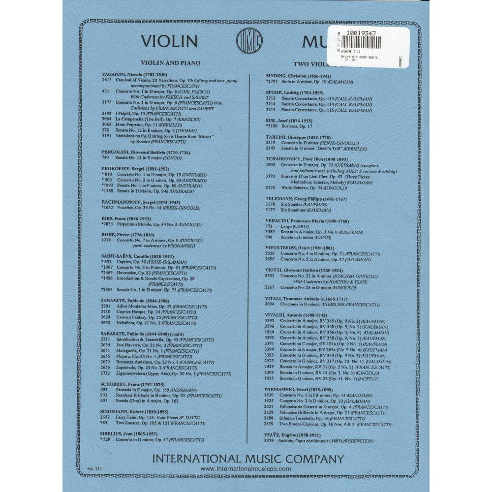 Bruni, A - 6 Easy Duets Op 34 for Two Violins - Arranged by Hermann - International Edition