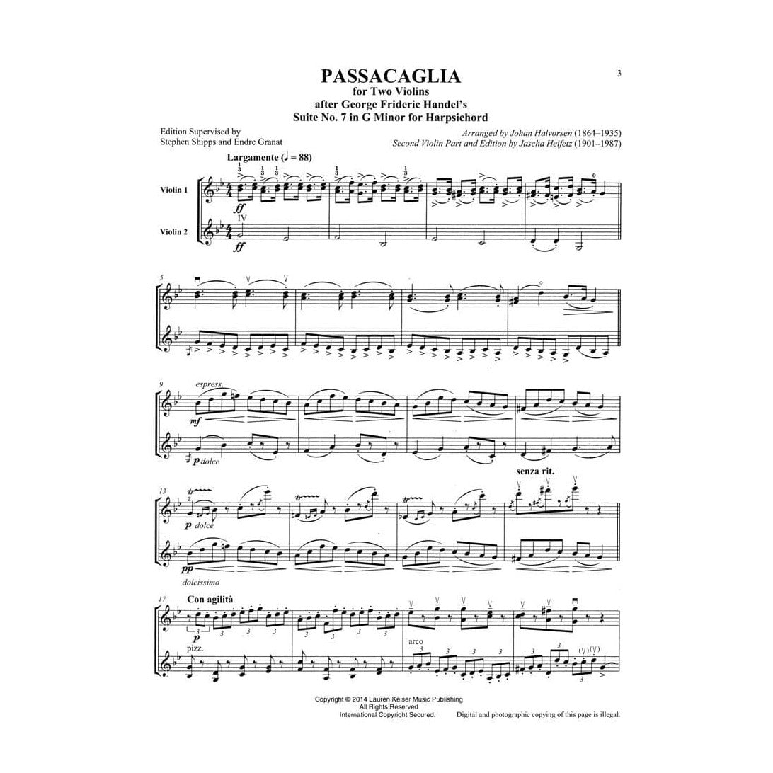 Handel, George Frederic - Heifetz Collection: Passacaglia for Two Violins - arranged by Johan Halvorsen and Jascha Heifetz - edited by Stephen Shipps and Endre Granat - Lauren Keiser