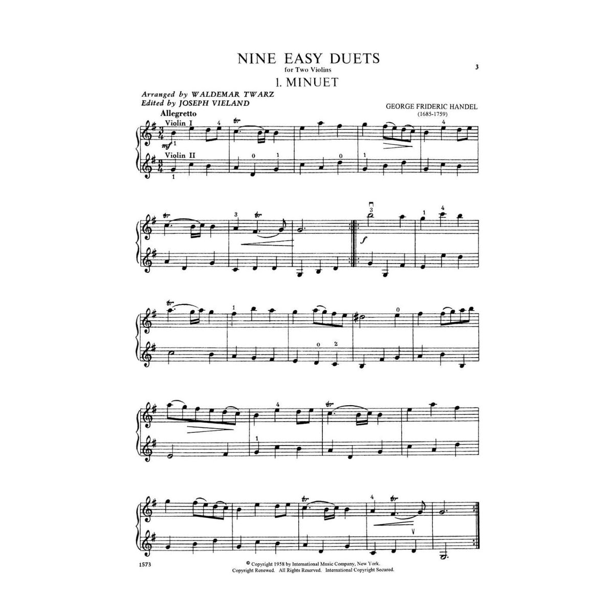 Handel, George Frideric - Nine Easy Duets - Two Violins - arranged and edited by Waldemar Twarz and Joseph Vieland - International Edition