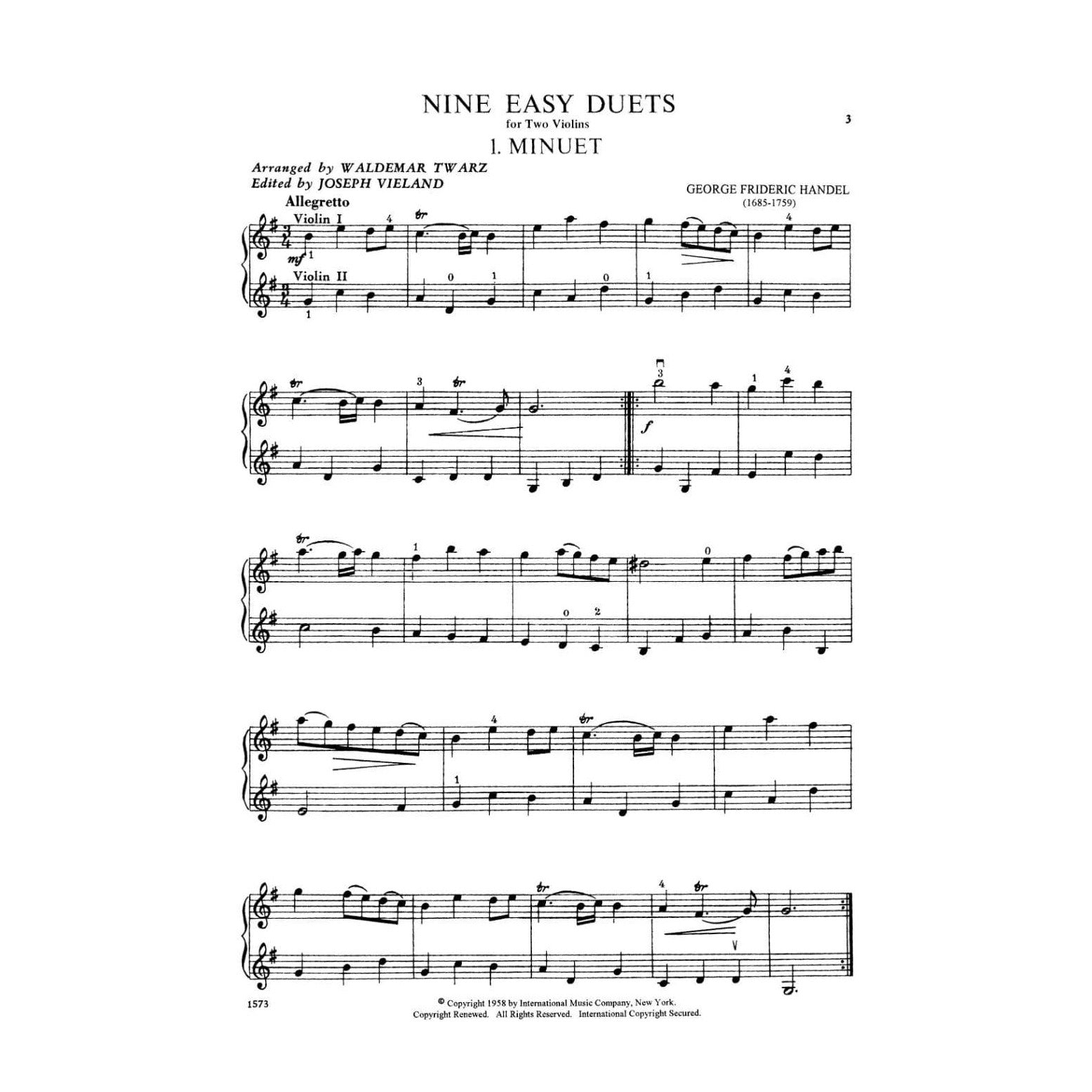 Handel, George Frideric - Nine Easy Duets - Two Violins - arranged and edited by Waldemar Twarz and Joseph Vieland - International Edition