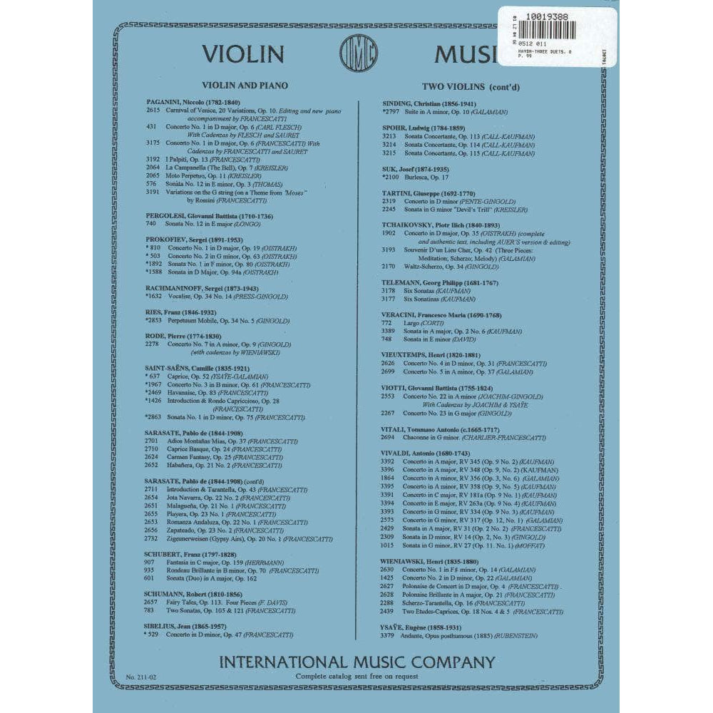 Haydn, Franz Joseph - Three Duets, Op 99 - Two Violins - International Edition
