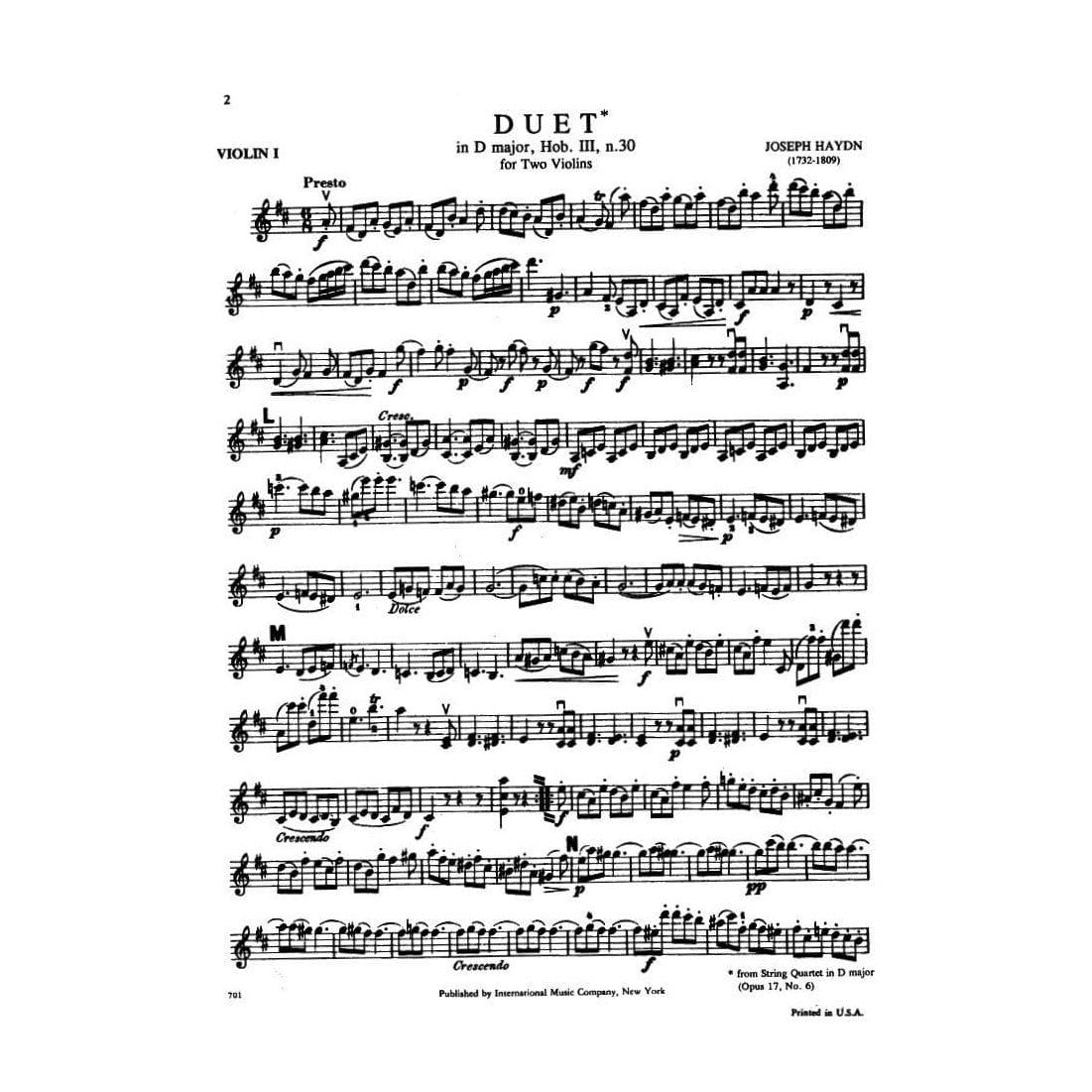 Haydn, Franz Joseph - Duet in D Major, Op 102, Hob III:30 - Two Violins - International Edition