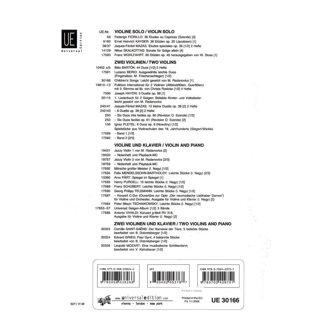 Radanovics - Children's Songs For Two Violins Published by Universal Edition