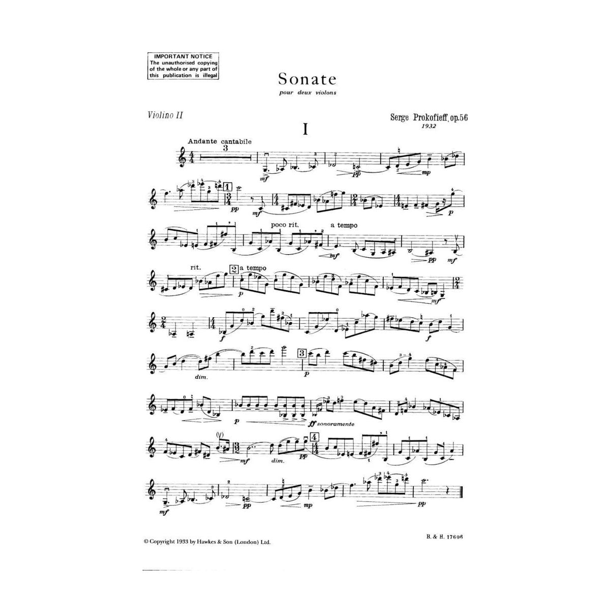 Prokofiev, Serge - Sonata Op 56 For Two Violins Published by Boosey & Hawkes