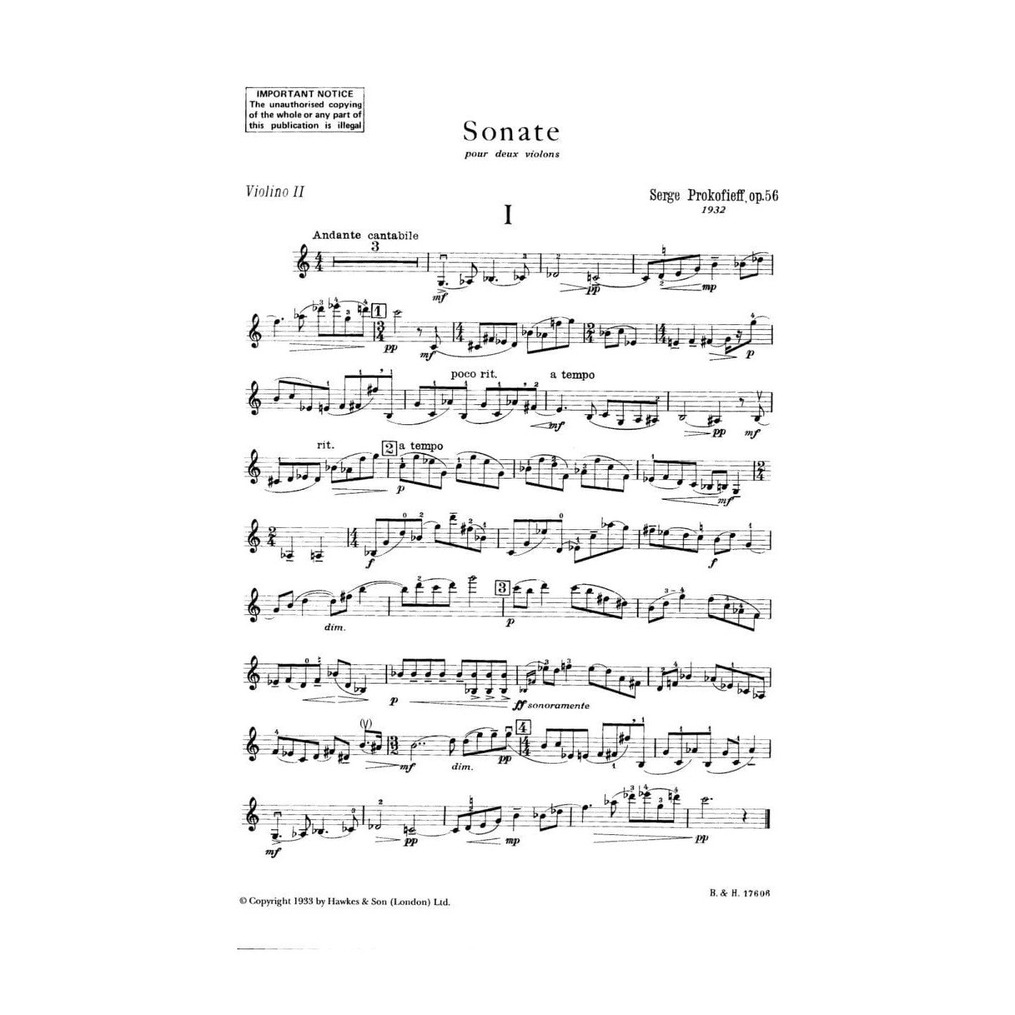 Prokofiev, Serge - Sonata Op 56 For Two Violins Published by Boosey & Hawkes