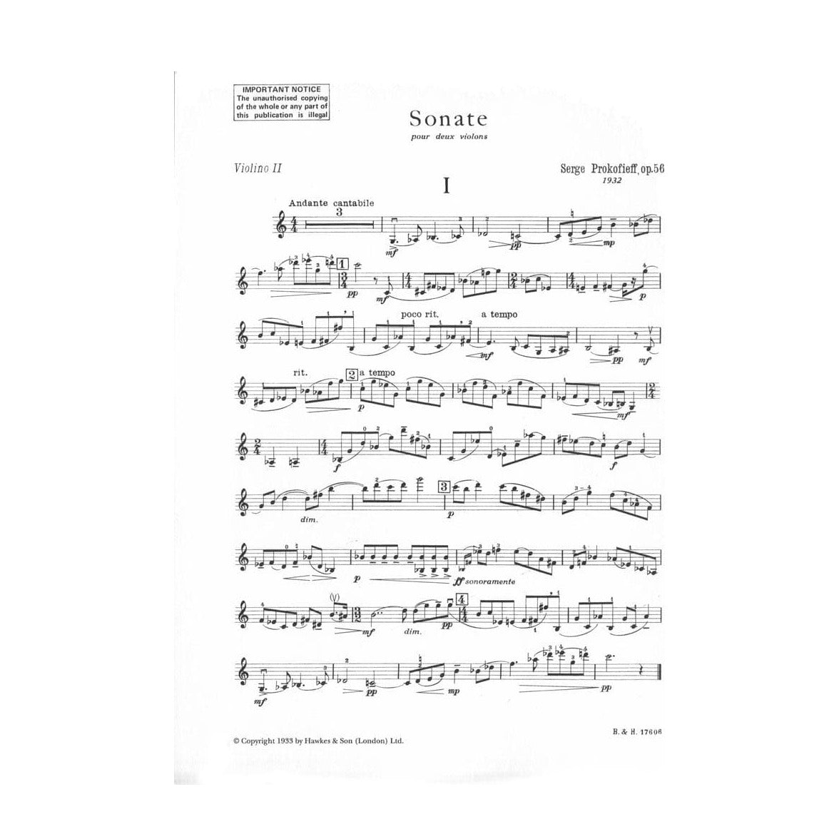 Prokofiev, Serge - Sonata Op 56 For Two Violins Published by Boosey & Hawkes