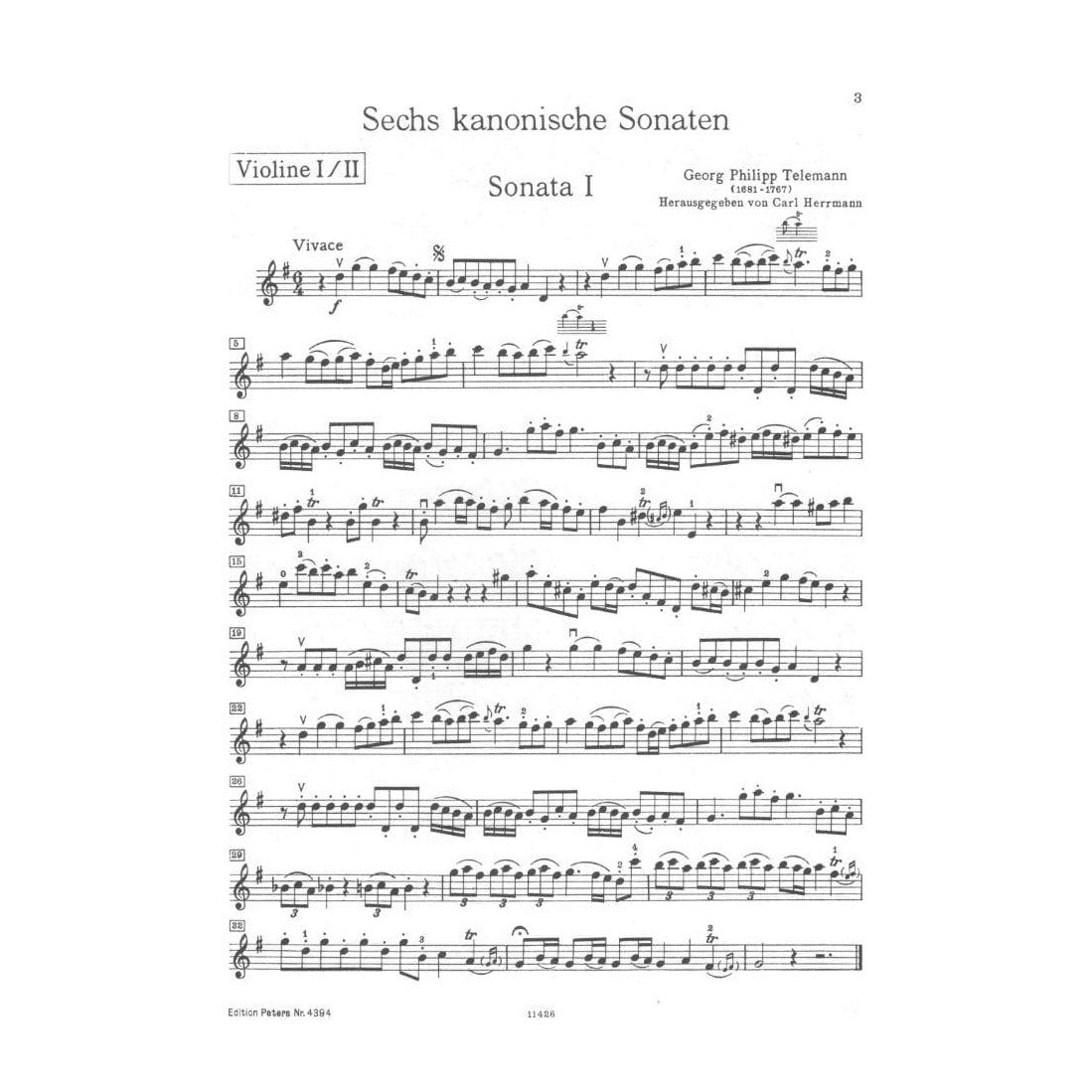 Telemann, Georg Philipp - Six Canonic Sonatas TWV 40:118 - 123 For Two Violins Peters Edition