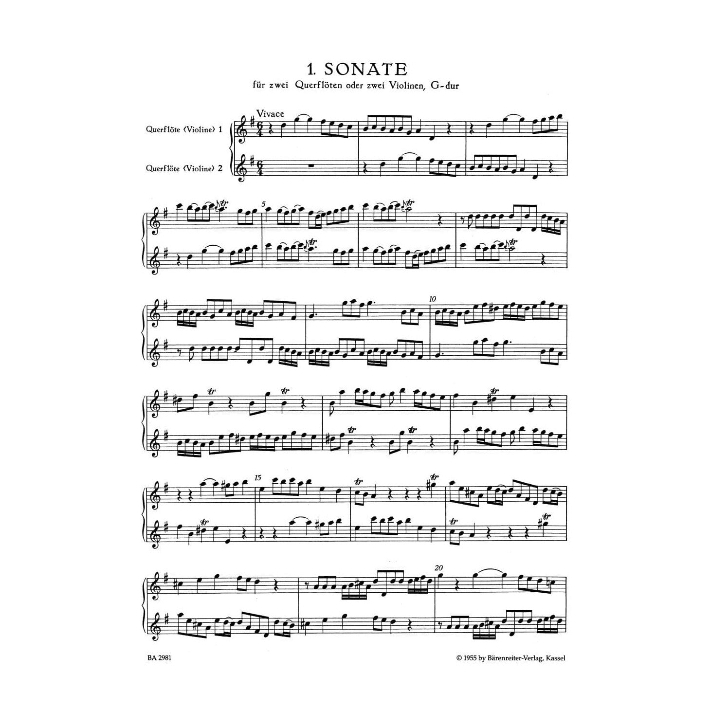 Telemann, Georg Philipp - Six Canonic Sonatas, Volume 1, Numbers 1-3 For Two Flutes or Violins URTEXT Published by Barenreiter