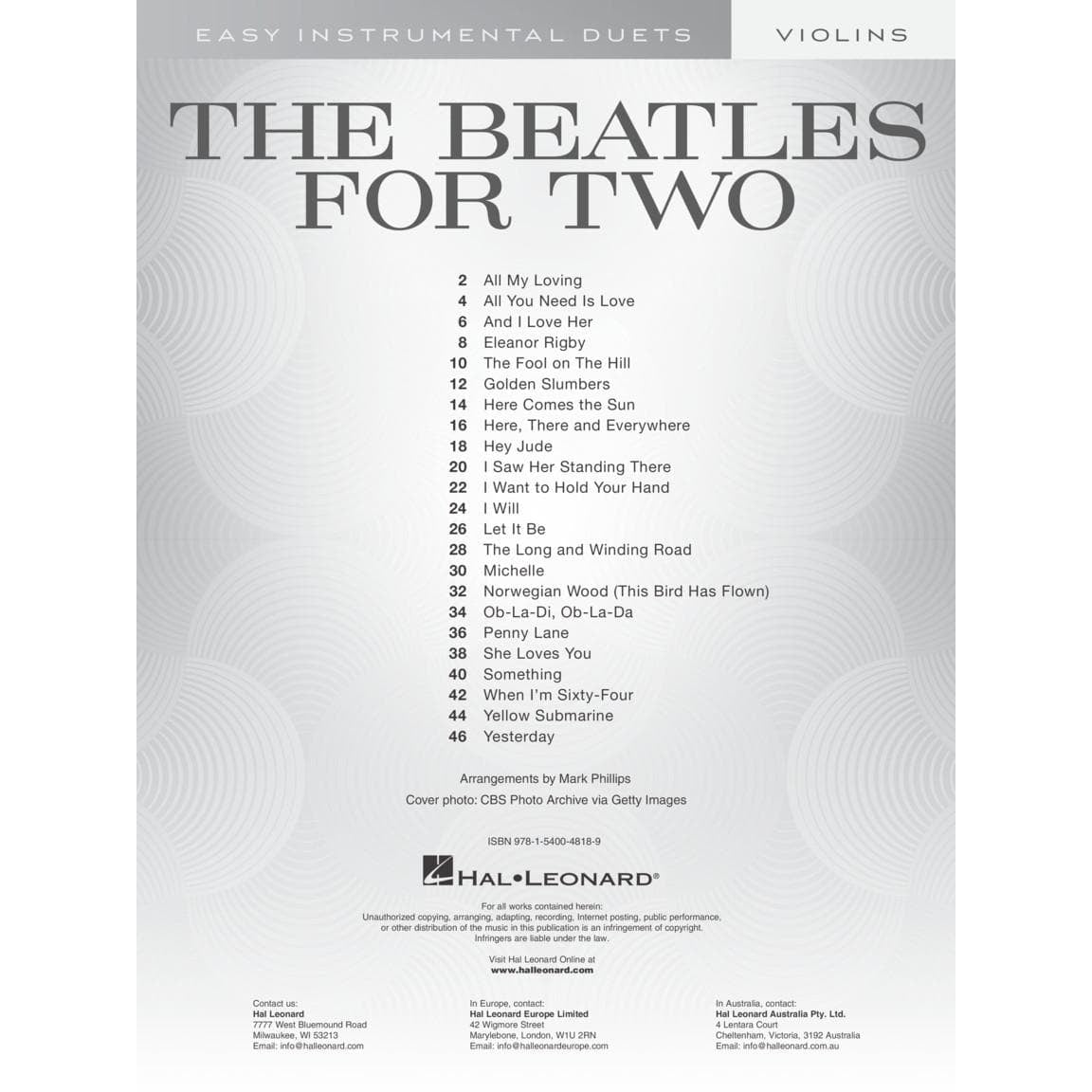The Beatles for Two: 23 Favorites - Two Violins - Arranged by Mark Phillips - Hal Leonard