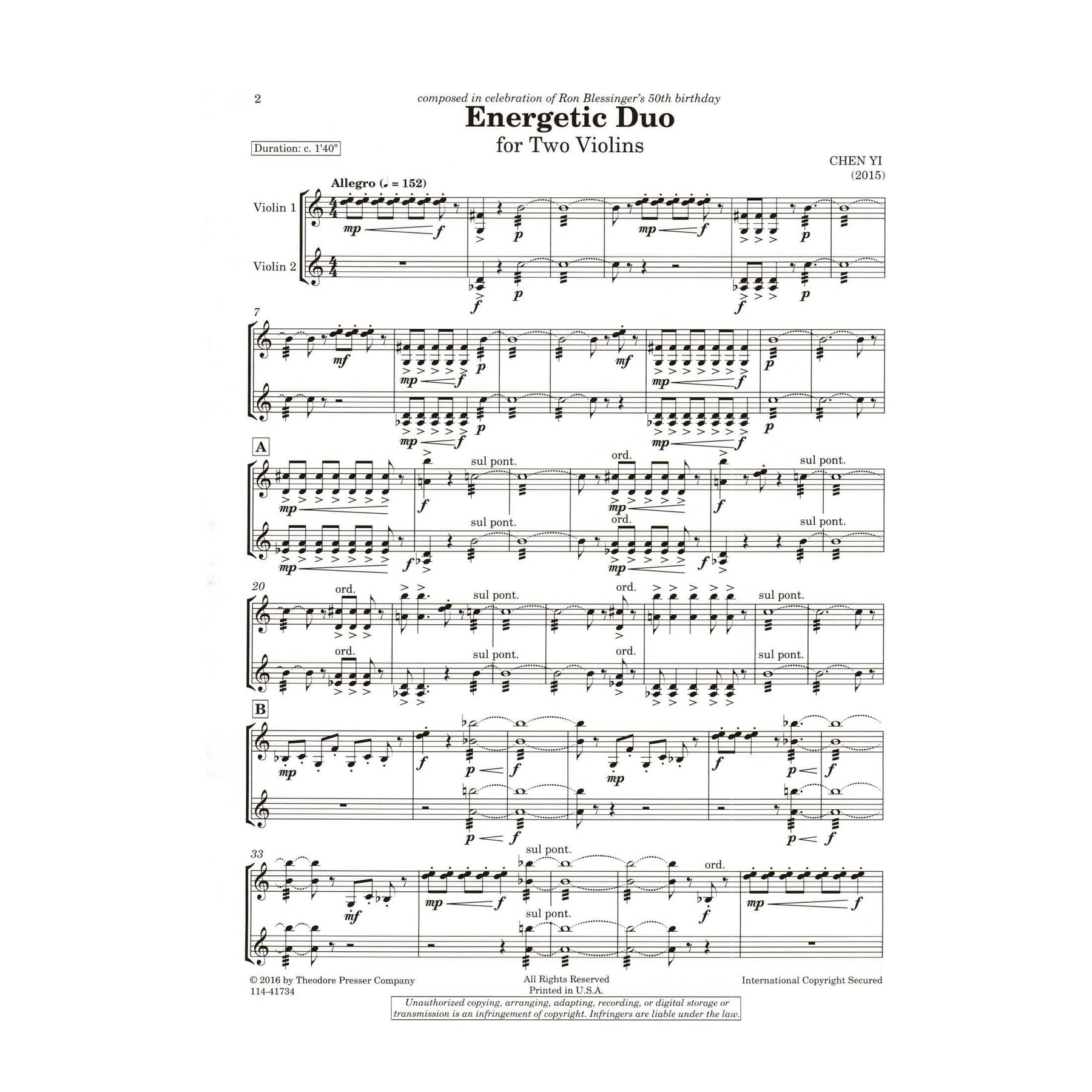 Chen Yi - Energetic Duo - for Two Violins - Theodore Presser Company